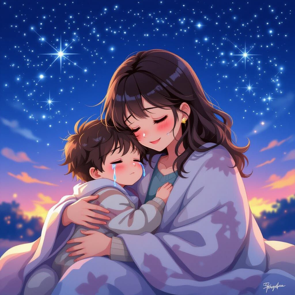 Anime Style: Boy Cries in Mother's Lap
