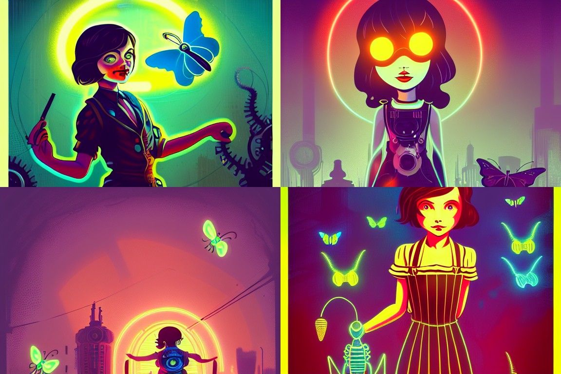 Little Sister with Glowing Eyes and Butterflies