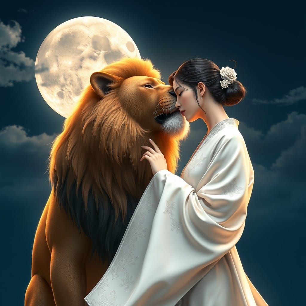 Woman and Lion in Serene Nighttime Atmosphere as 3D Anime Ar...