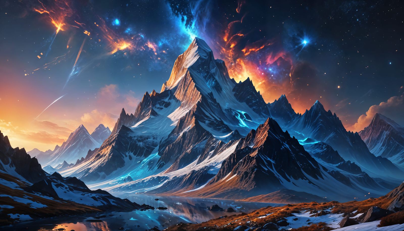 Icy Mountain Range with Nebulae: Hyperrealistic Splash Art