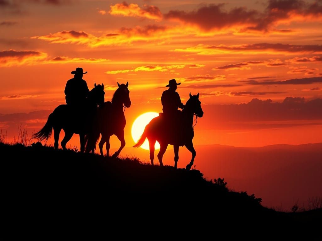 Cowboys Silhouetted Against a Brilliant Sunset