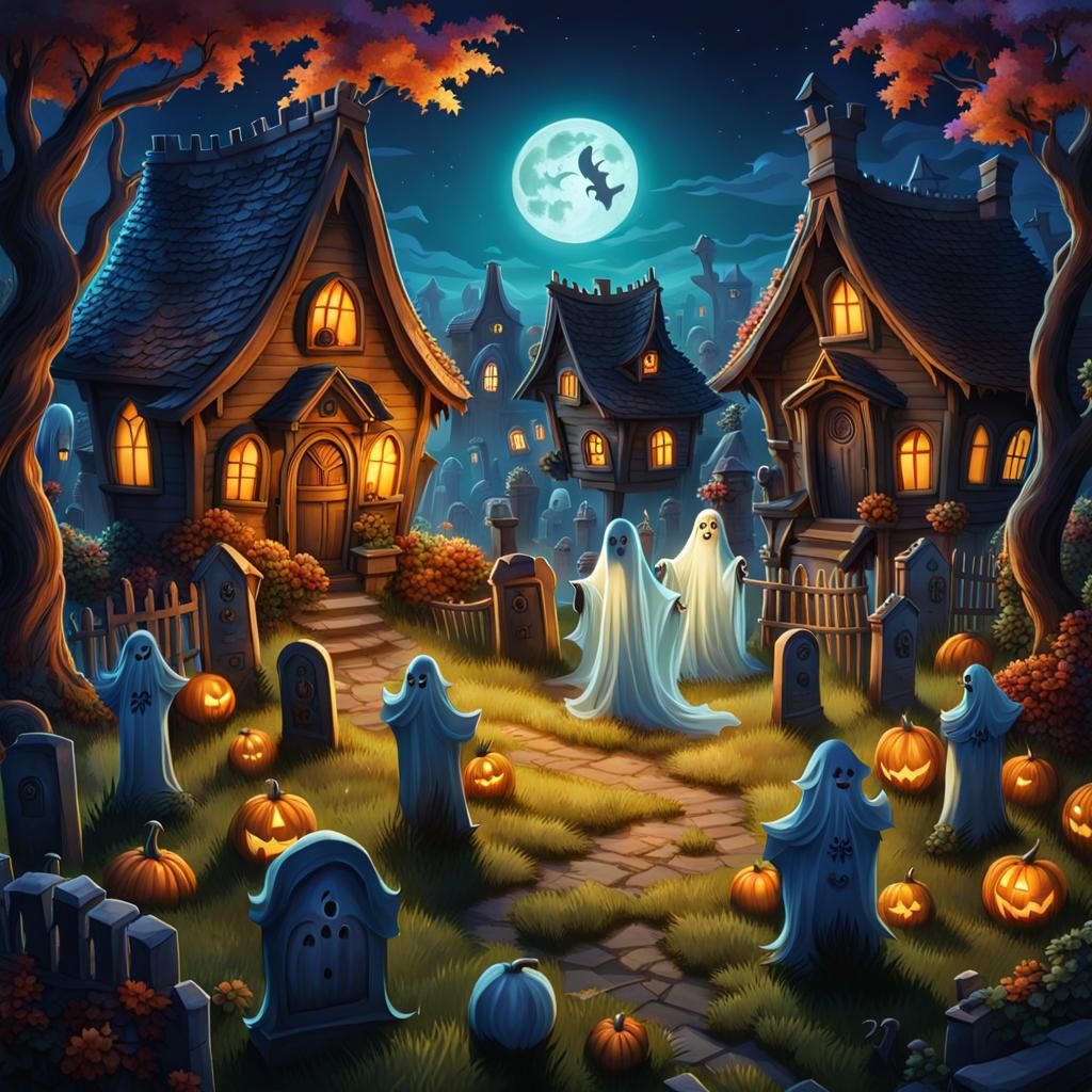 Ghosts and Goblins Dancing in Haunted Graveyard
