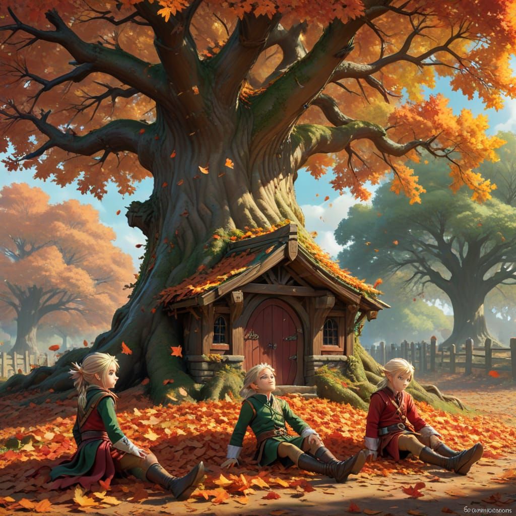 Elves in Waistcoats Play in Autumn Leaves