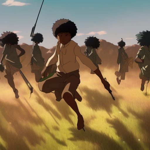 African Soldier Freeing Enslaved People: Ghibli-Style Anime