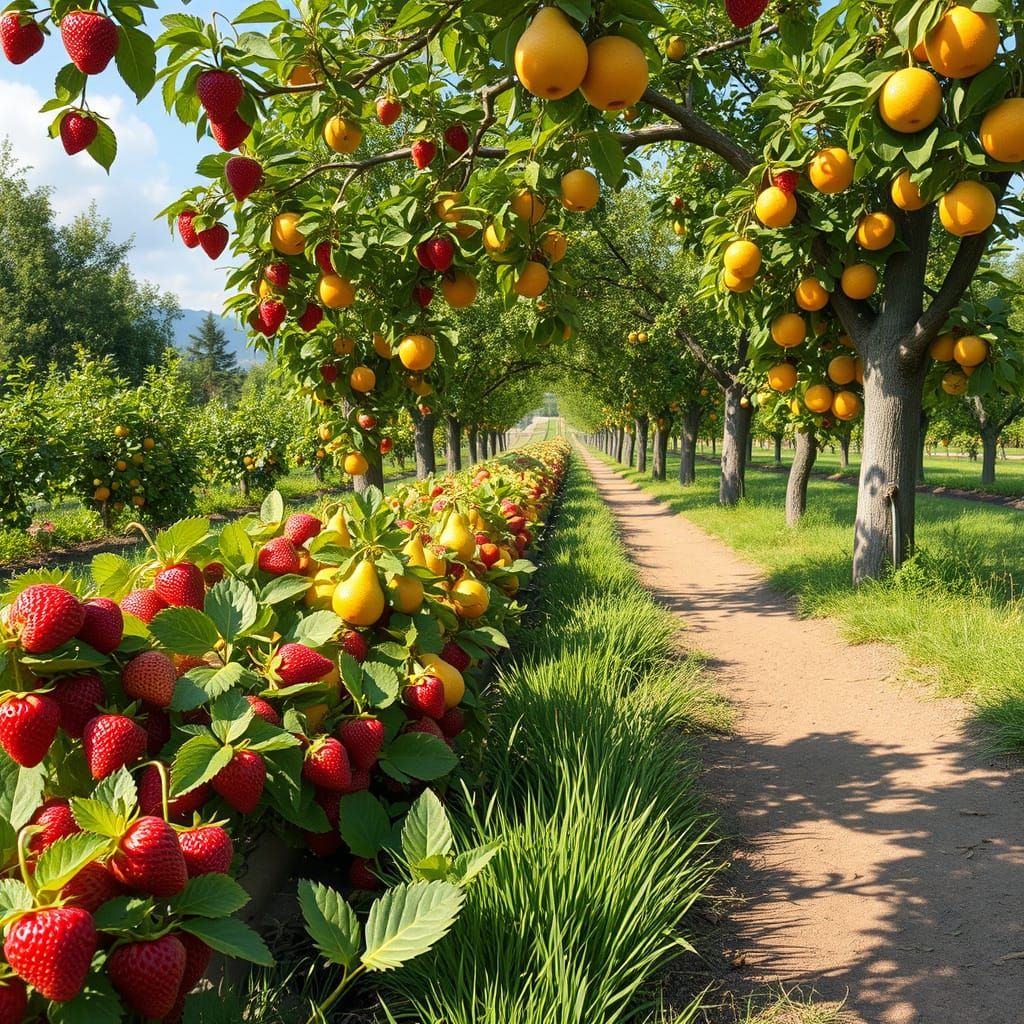 Vibrant Fruit Farm Scene in a Whimsical Style