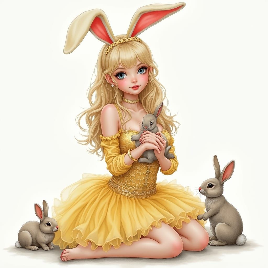 A wide shot, sassy blonde woman with bunny ears