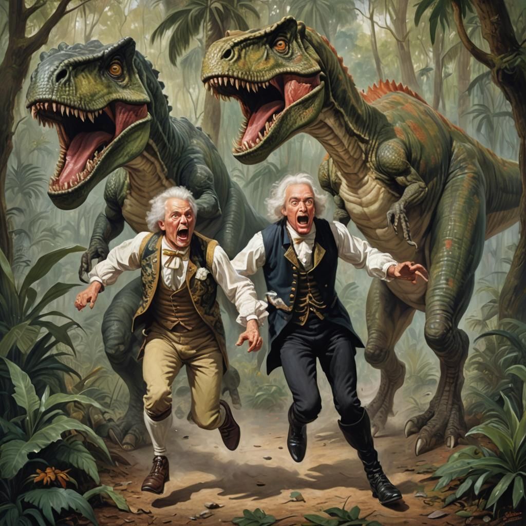 Terrified Man Running From T-Rex: Humorous Caricature