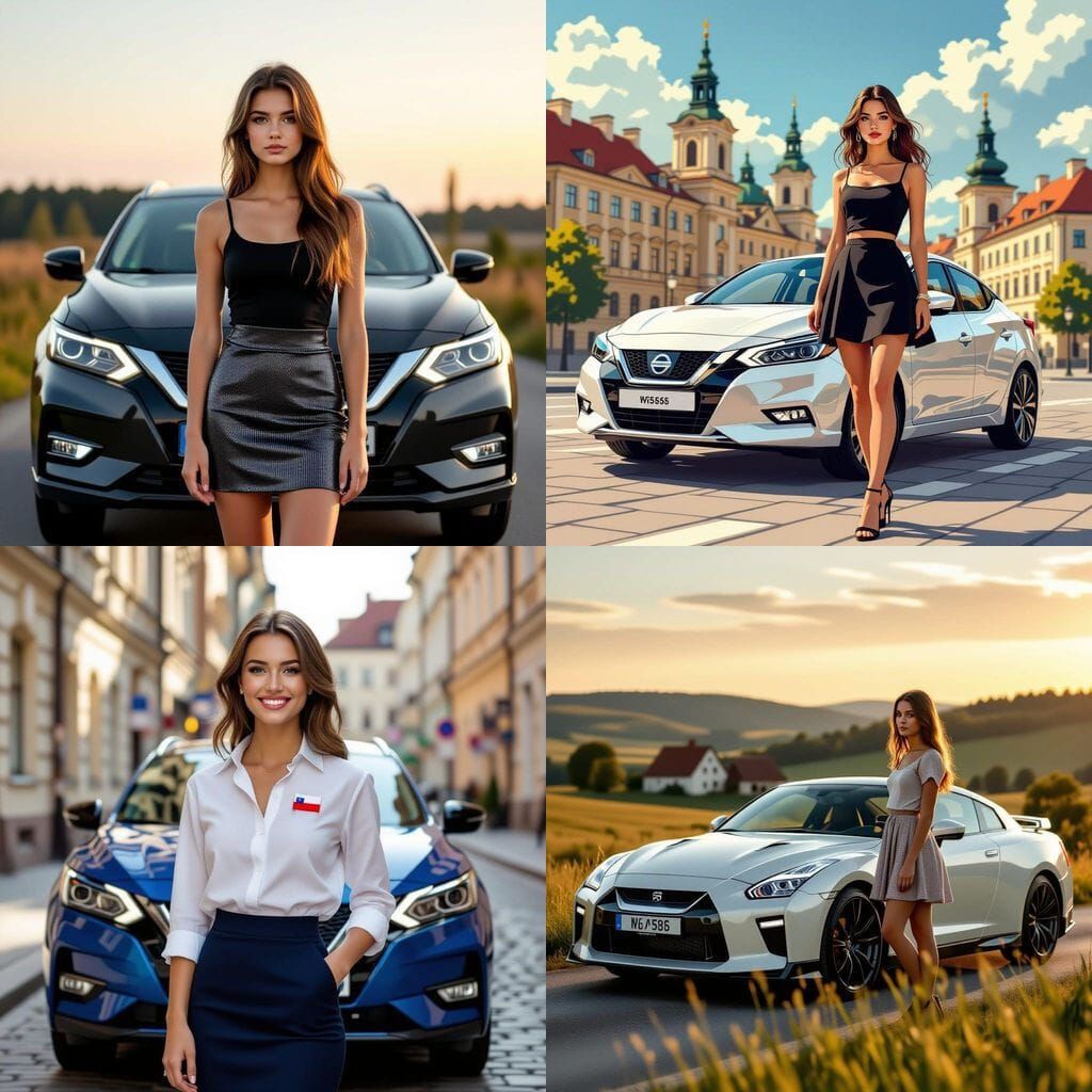 Young Woman in Skirt Dress Posing with Nissan Car