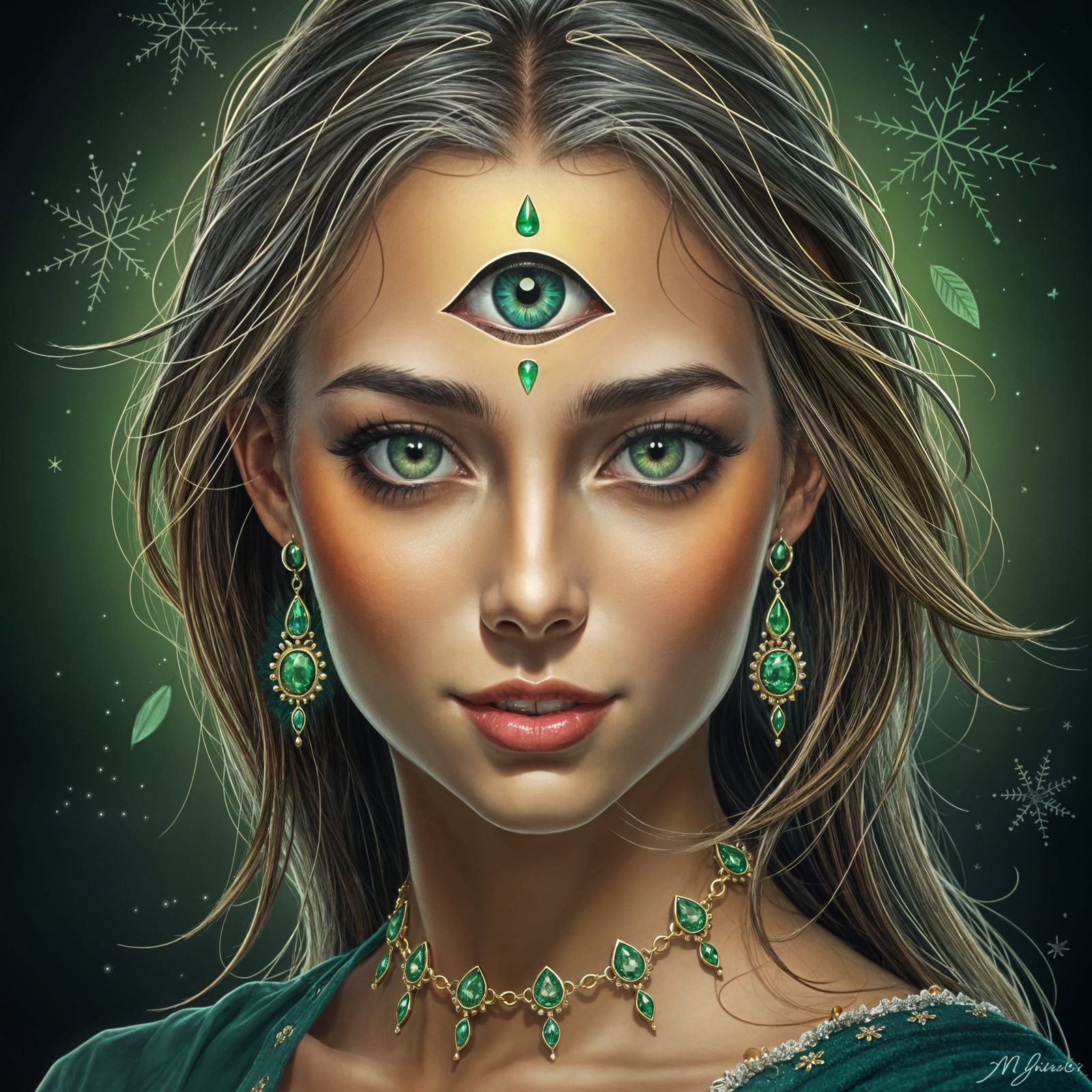 Enigmatic Indigenous Woman in Soft Emerald Gaze