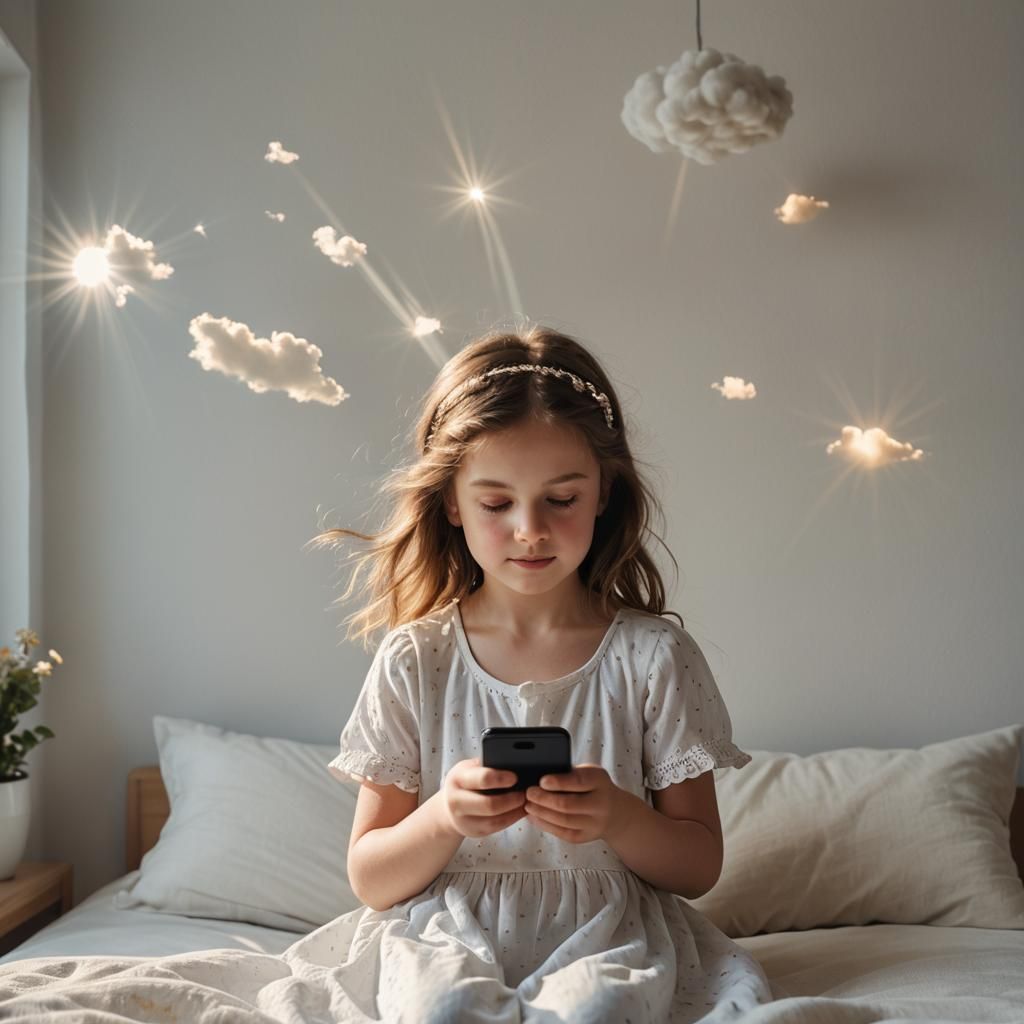 Girl with Phone in Sunlit Living Room