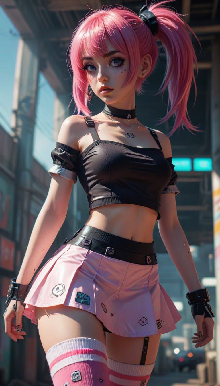 Cyberpunk Girl in Manga Style with Pink Hair