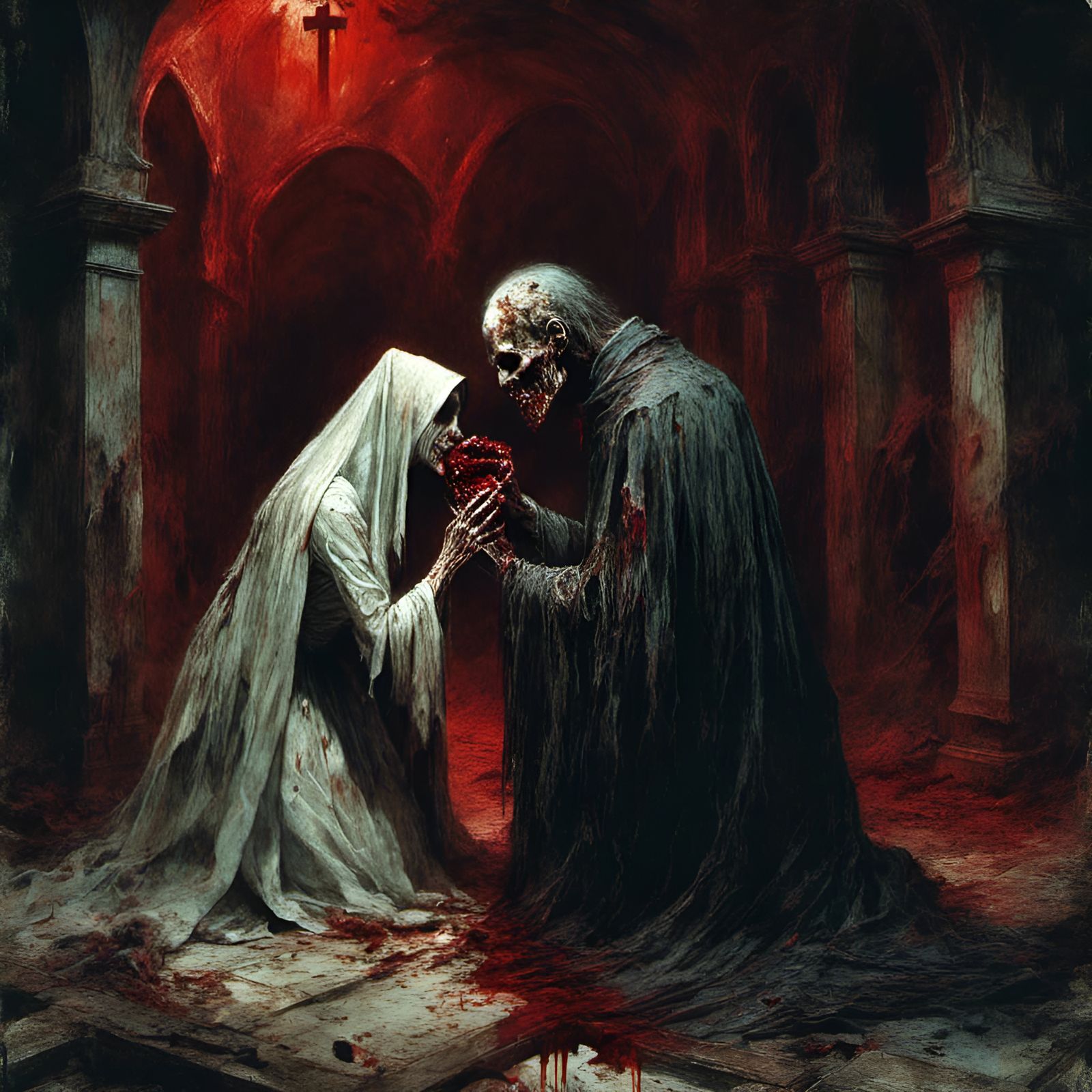 Macabre Zombie Pope Kiss in Derelict Crypt
