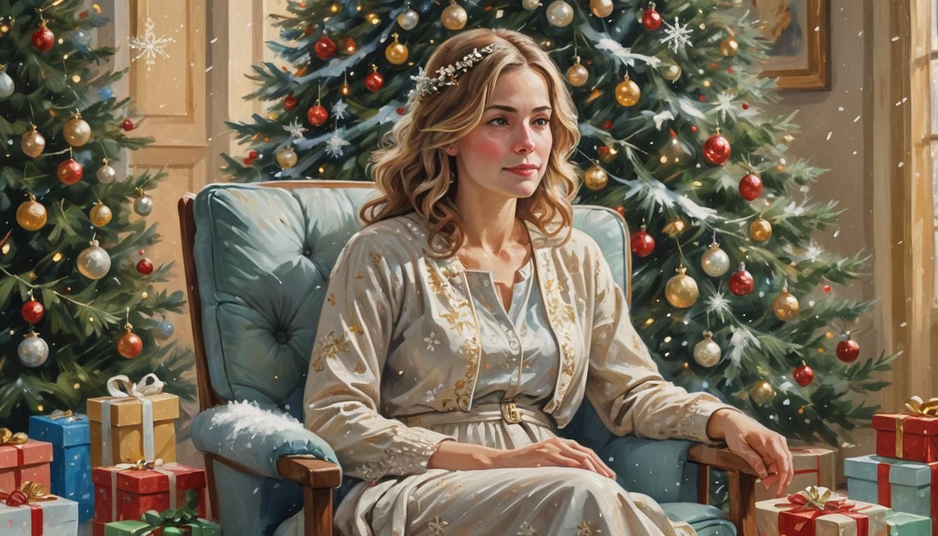Serene Woman Surrounded by Christmas Presents as Impressioni...