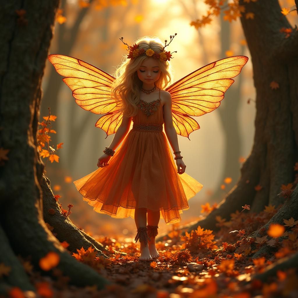 Autumn Fairy in Sunlit Forest, Fantasy Concept Art
