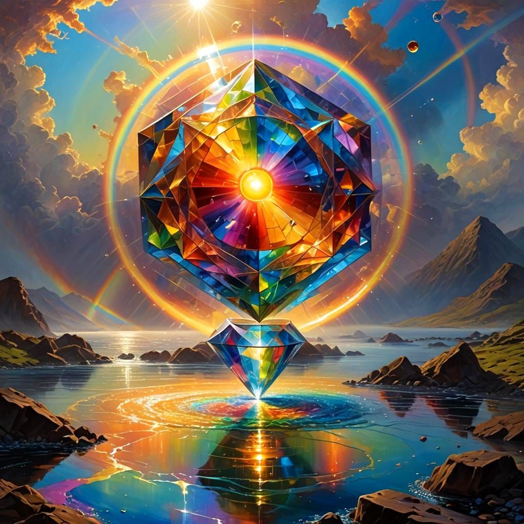 Surreal Sun Over River With Octahedron Energy