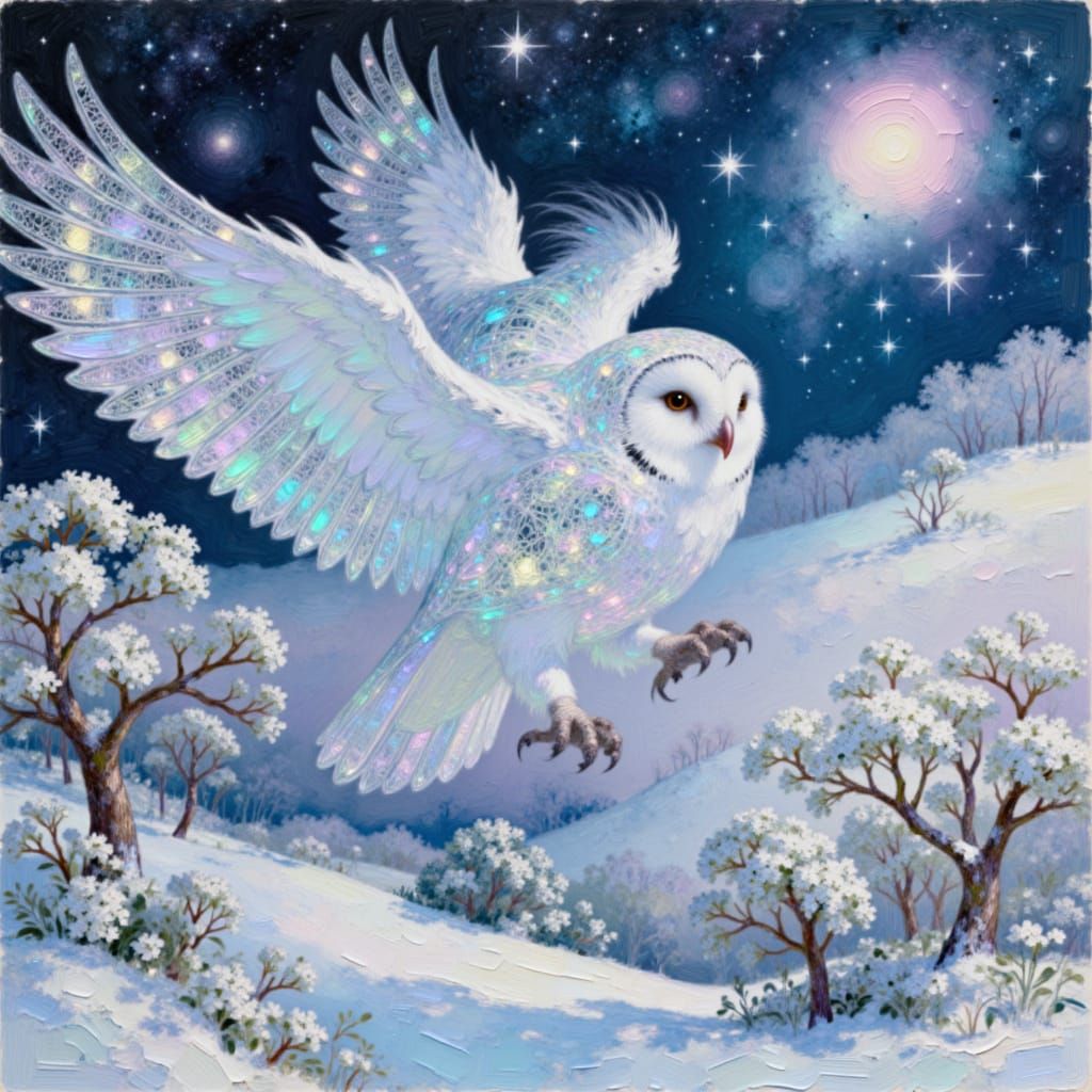 Silver Owl Soaring Through Snowy Sky in Papercut Style