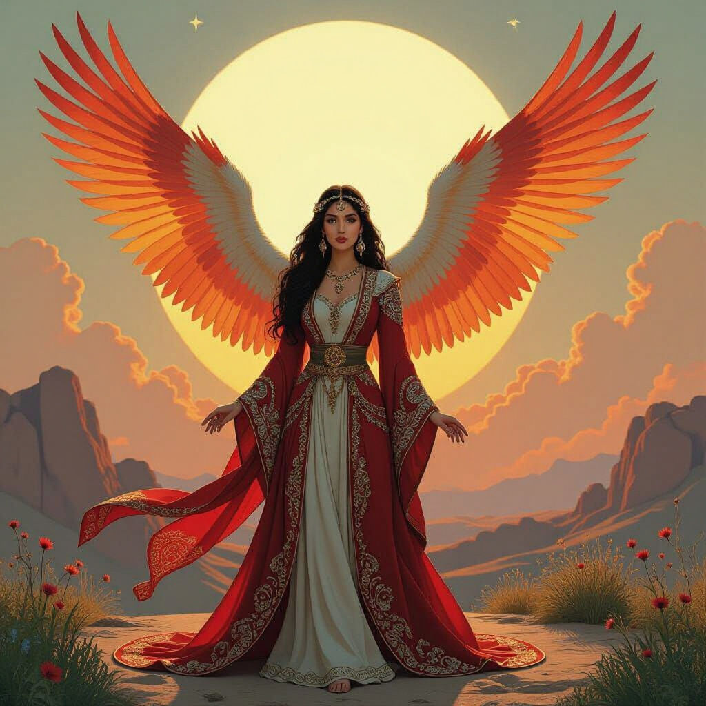 Mythical Simurgh and Fearless Girl in Warm Jewel Tones