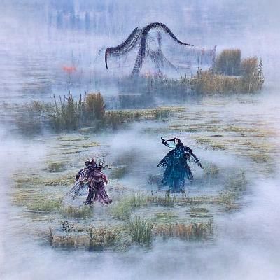Eldritch Monsters Clash in Foggy Battlefield