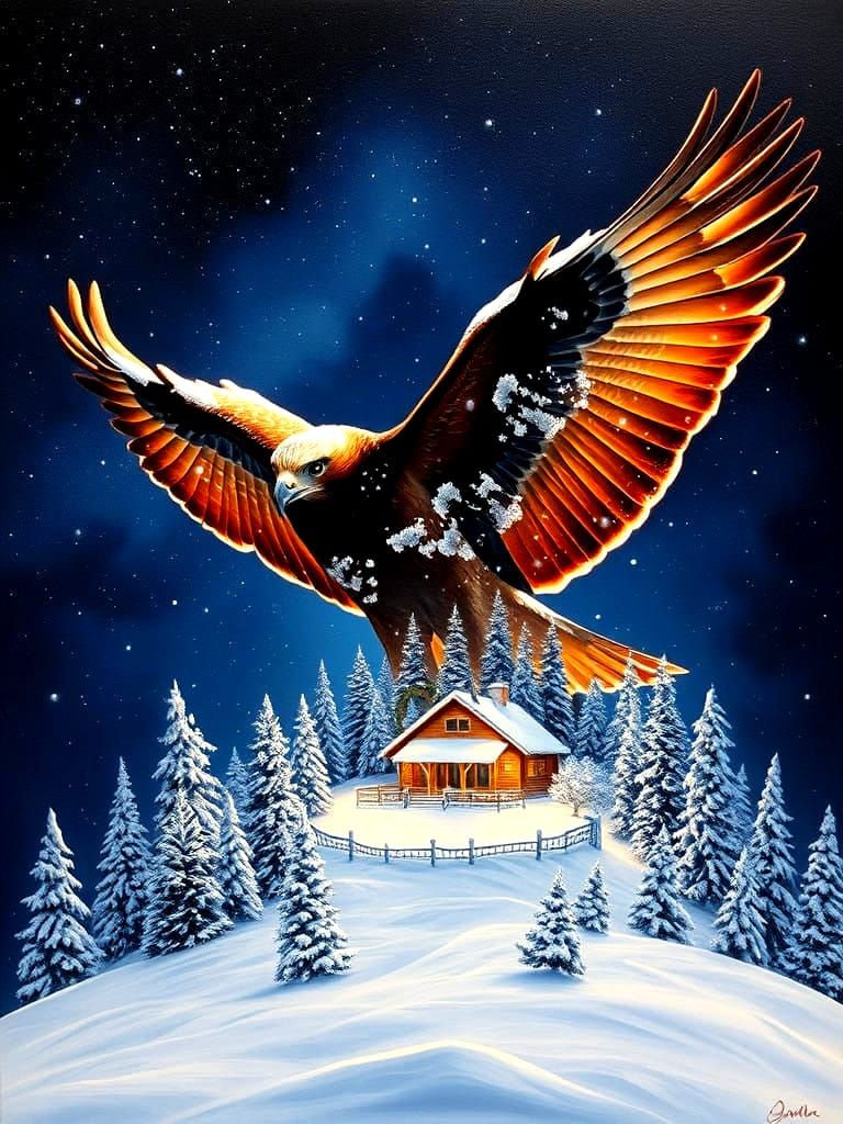 Hawk in Winter Wonderland Double Exposure in Dreamlike Oil P...
