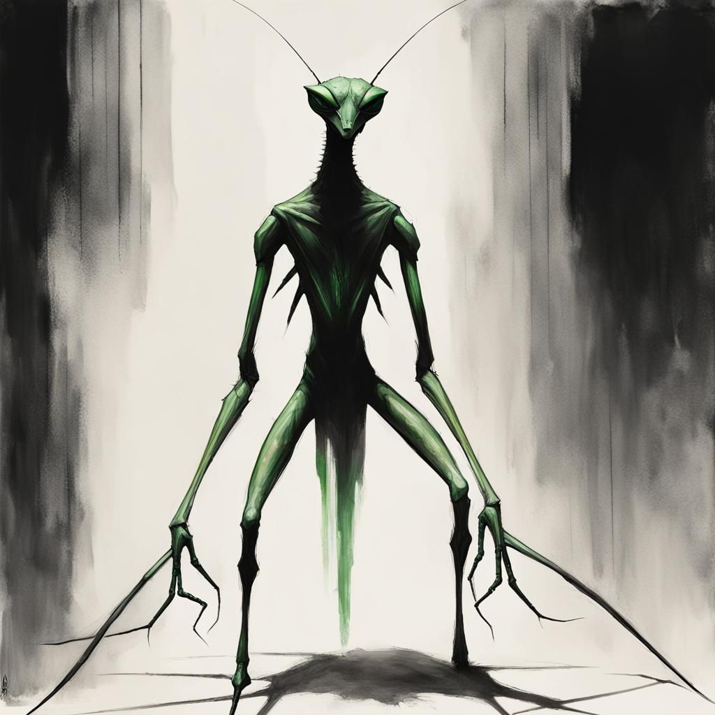 Menacing Mantis Warrior in Ethereal Shadow