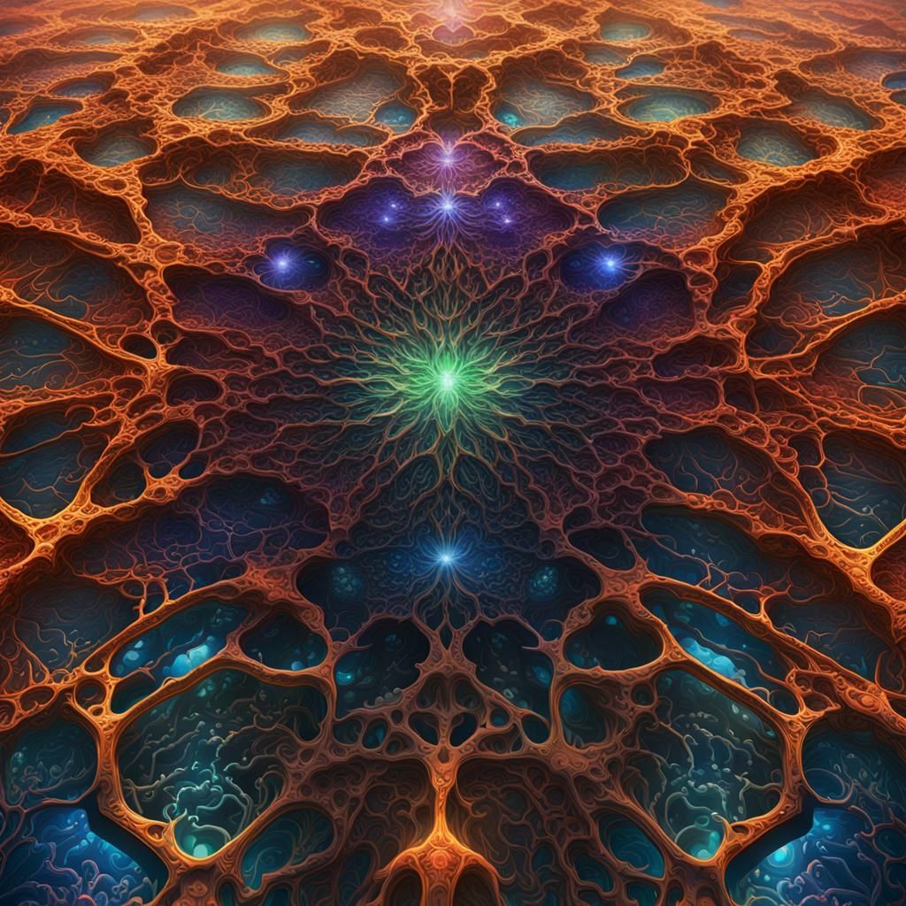 Bioluminescent Roman Spider in Abstract Neural Network