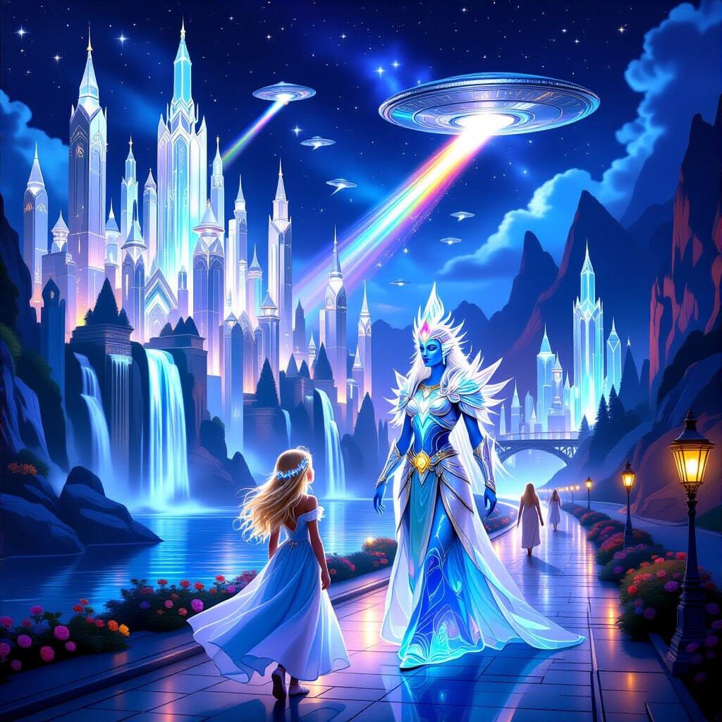 Mystical Atlantis City Night Scene with Cosmic Ships