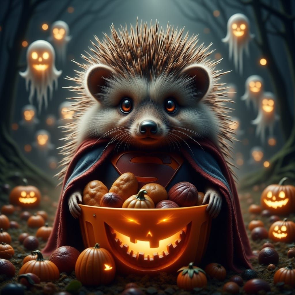 Cute Hedgehog Dressed as Superman Holding Candy