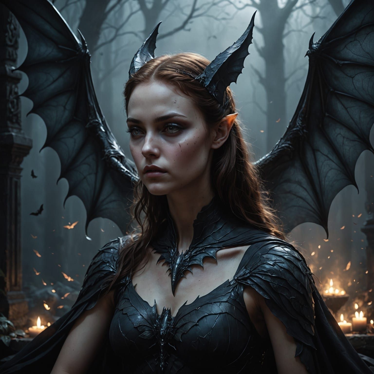 Dreamlike Dark Fantasy Scene with Bat-like Serenity