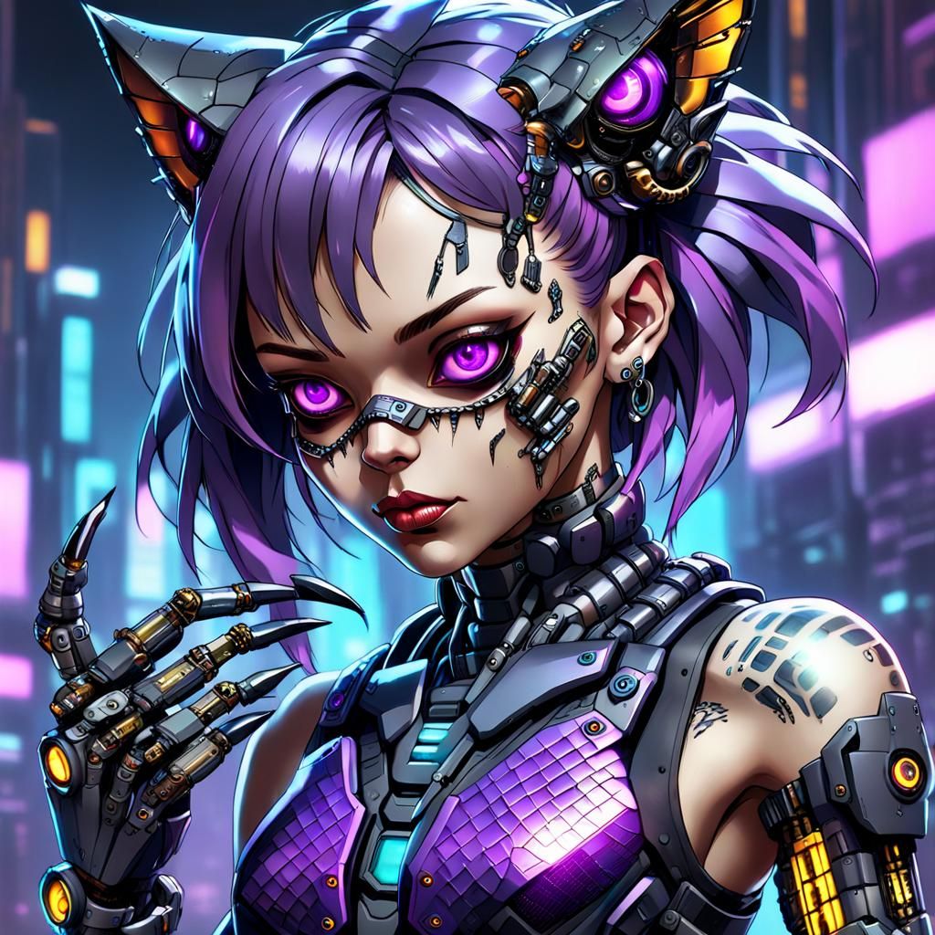 Cyberpunk Catgirl with Metallic Enhancements