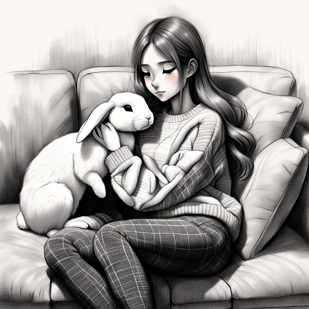 Anime Girl Snuggling Rabbit: Hyperdetailed Charcoal Drawing