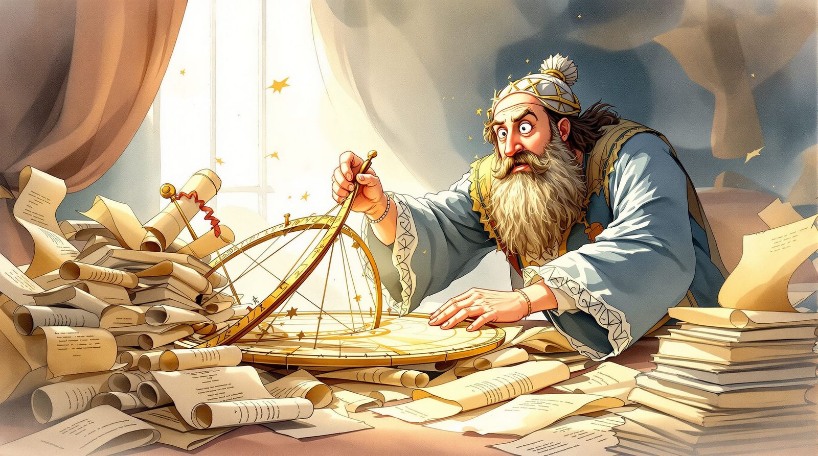 Ibn Sina's Astrolabe Mishap in Storybook Style