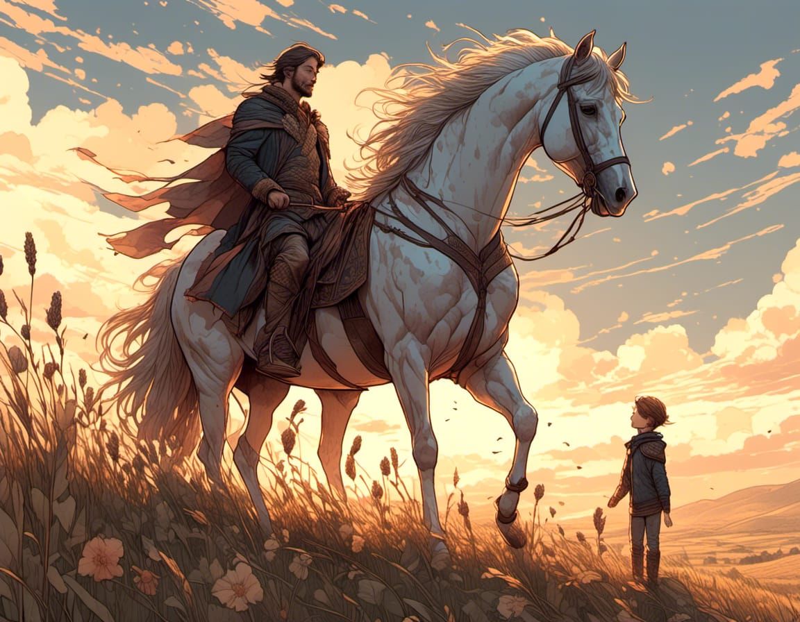 Farmer and Son in Wheat Fields: Gouache Watercolor