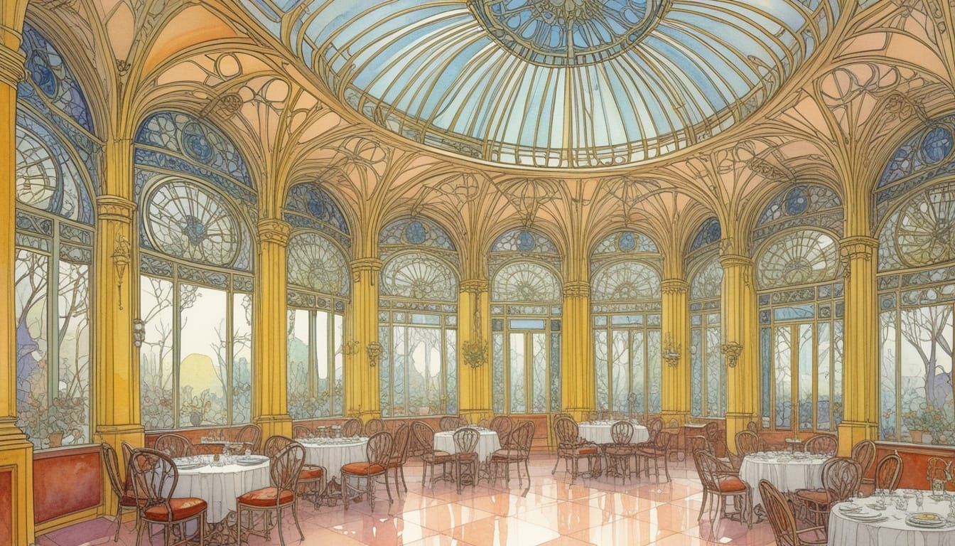 Art Nouveau Paris Tea Room: Watercolor Architectural Illustr...