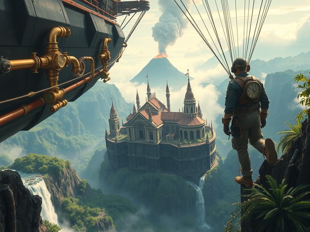 Steampunk Pilot Descends from Majestic Flying Ship over Jung...