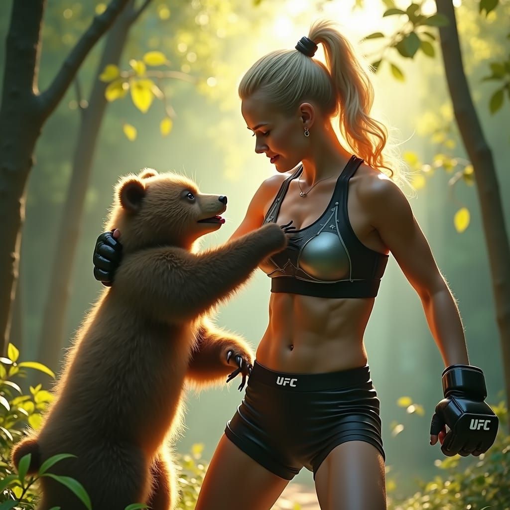 UFC Fighter and Bear Cub in Fantasy Forest