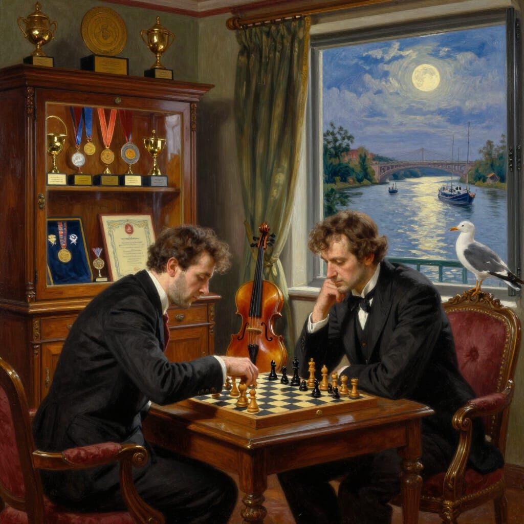 Chess Game in Opulent Living Room Oil Painting