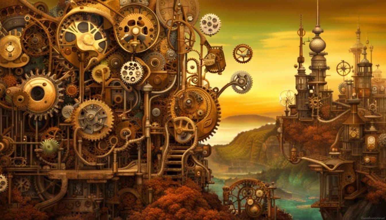 Steampunk Landscape with Clockwork Machines and Biopunk Flor...