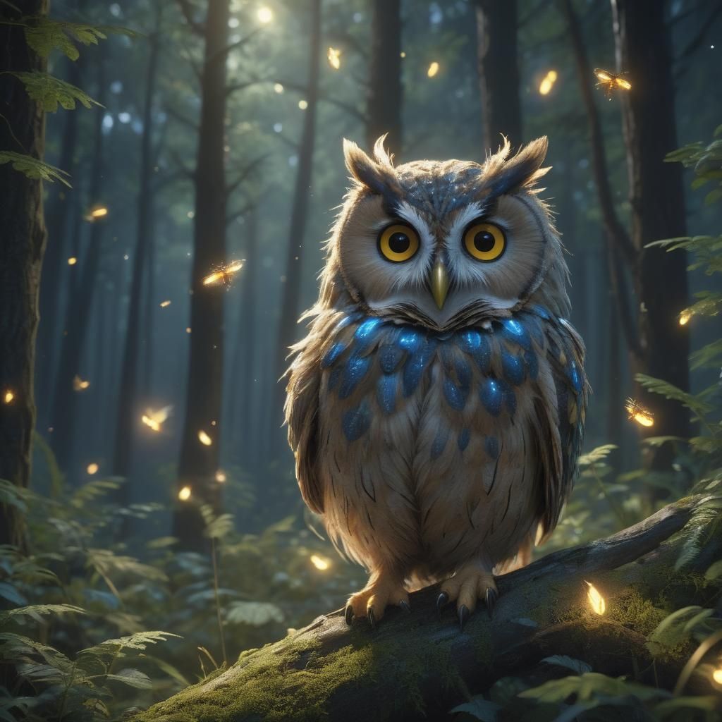 Fluffy Owl in Bioluminescent Night Forest