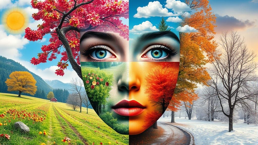 Vibrant Surreal Face Portrait Combines Four Seasons in Dream...