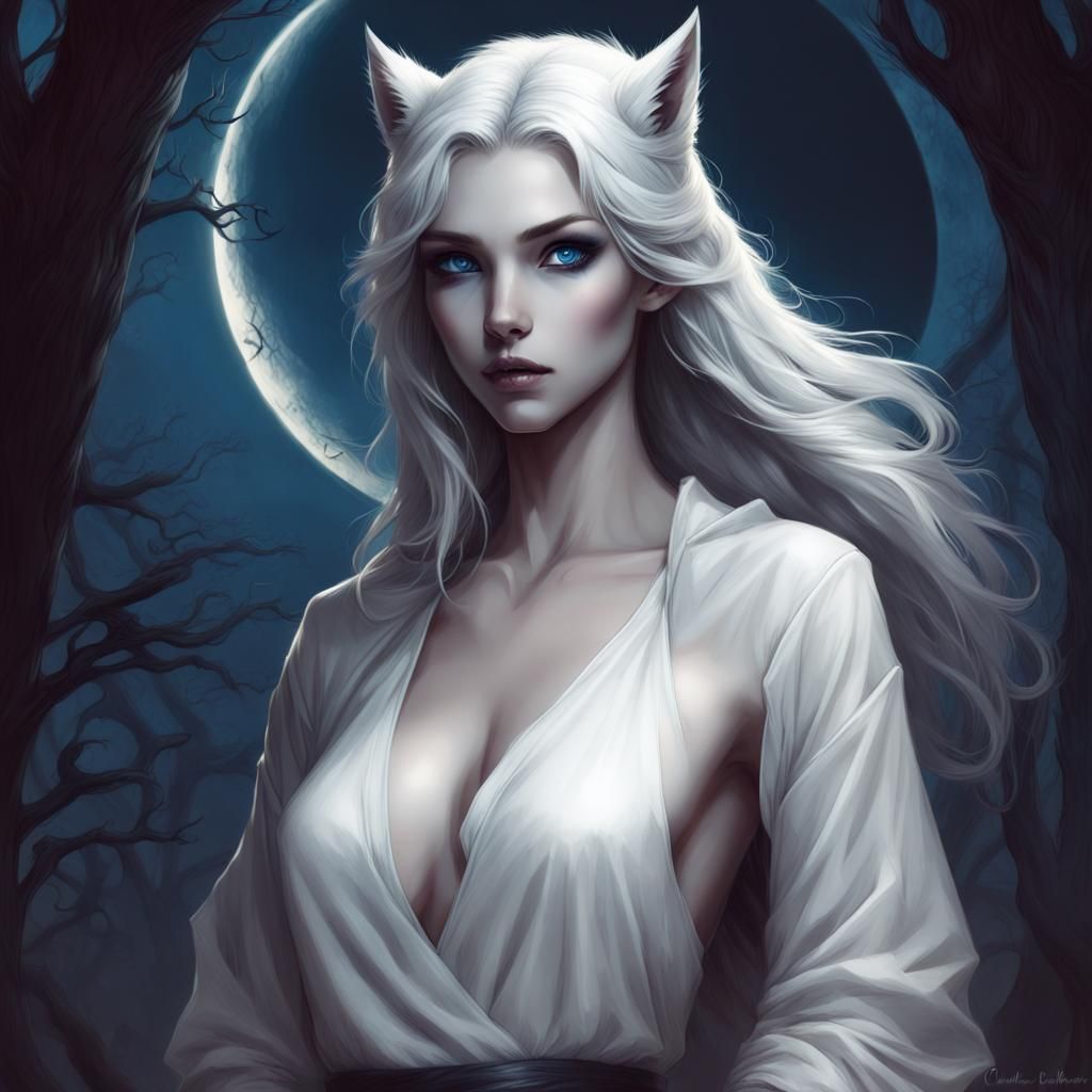 White werewolf, female, Deep blue eyes, Werewolf girl, portr...