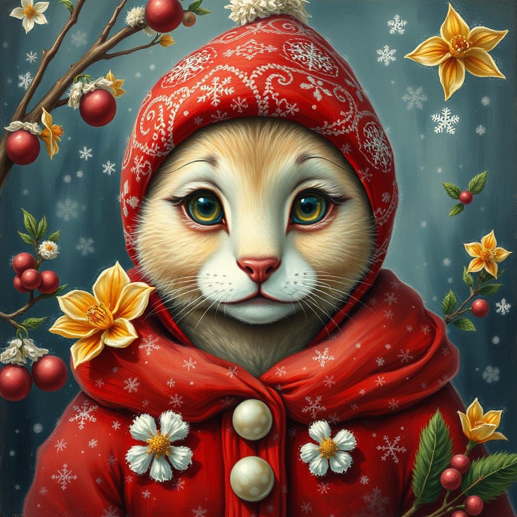 Vibrant Green Snake in Red Santa Hat and Rainbow Ball