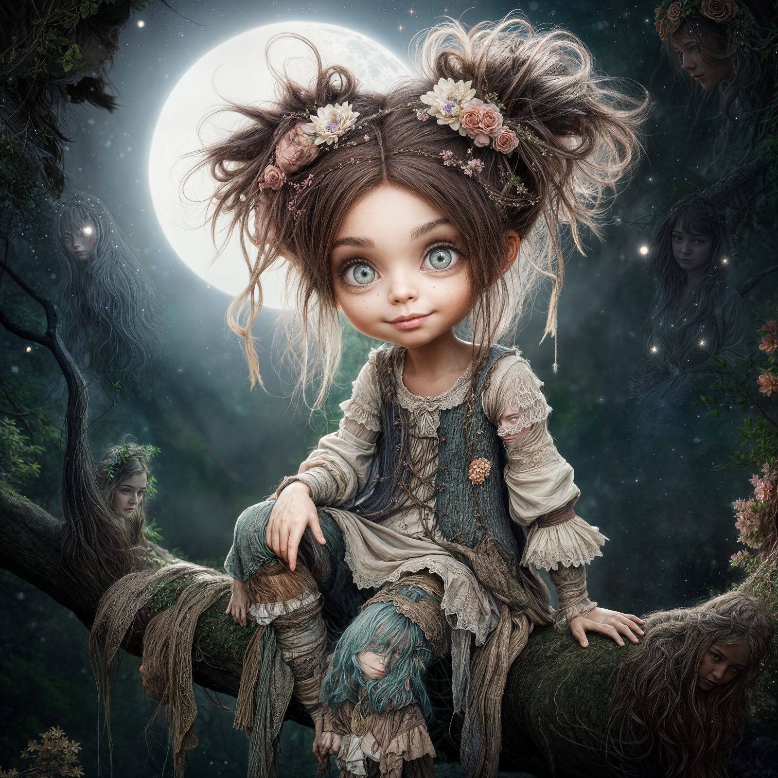 Whimsical Girl in Mystical Forest, Digital Art