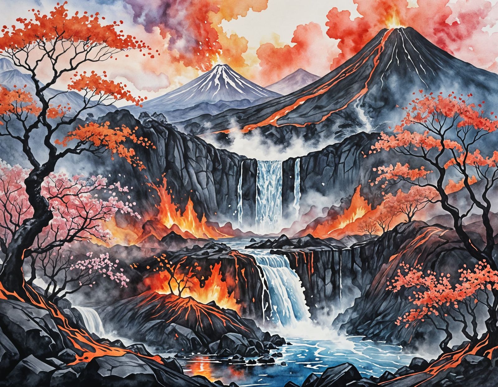 Erupting Volcano: Flowing Lava in Watercolor Style