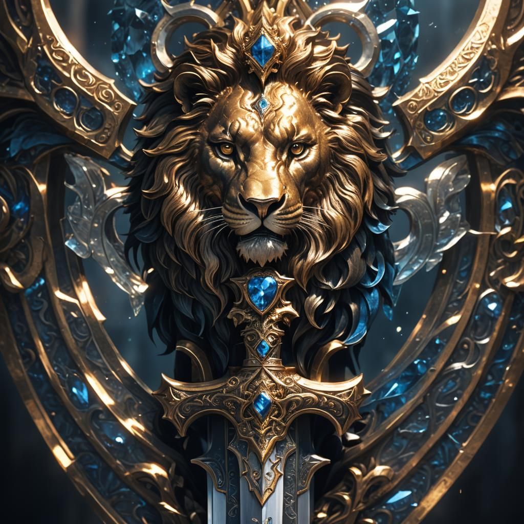 Fantasy Sword with Lion Hilt in Crystal and Bronze