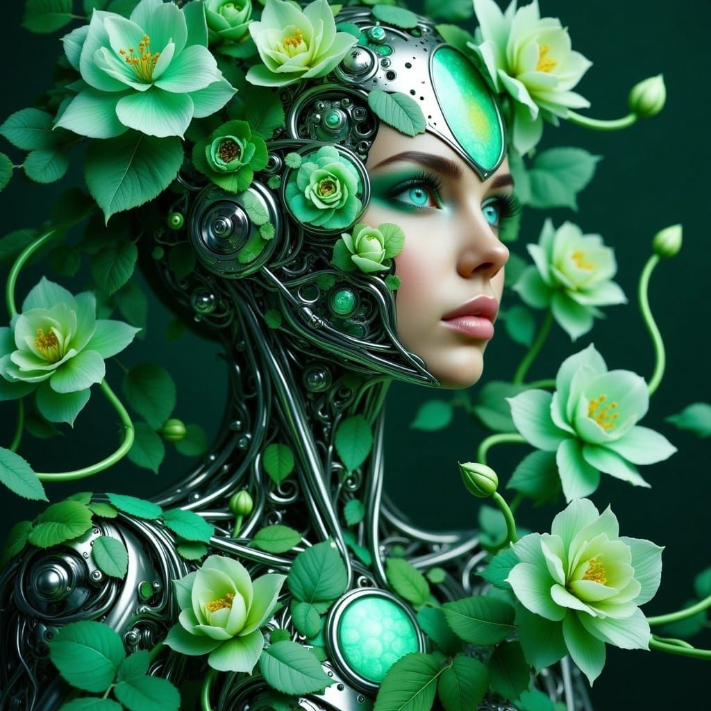 Robotic Woman with Floral Biomech Details