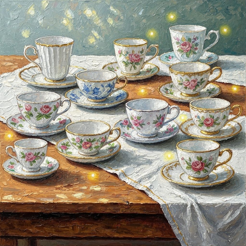 Antique Teacups Impasto Painting with Luminous Details