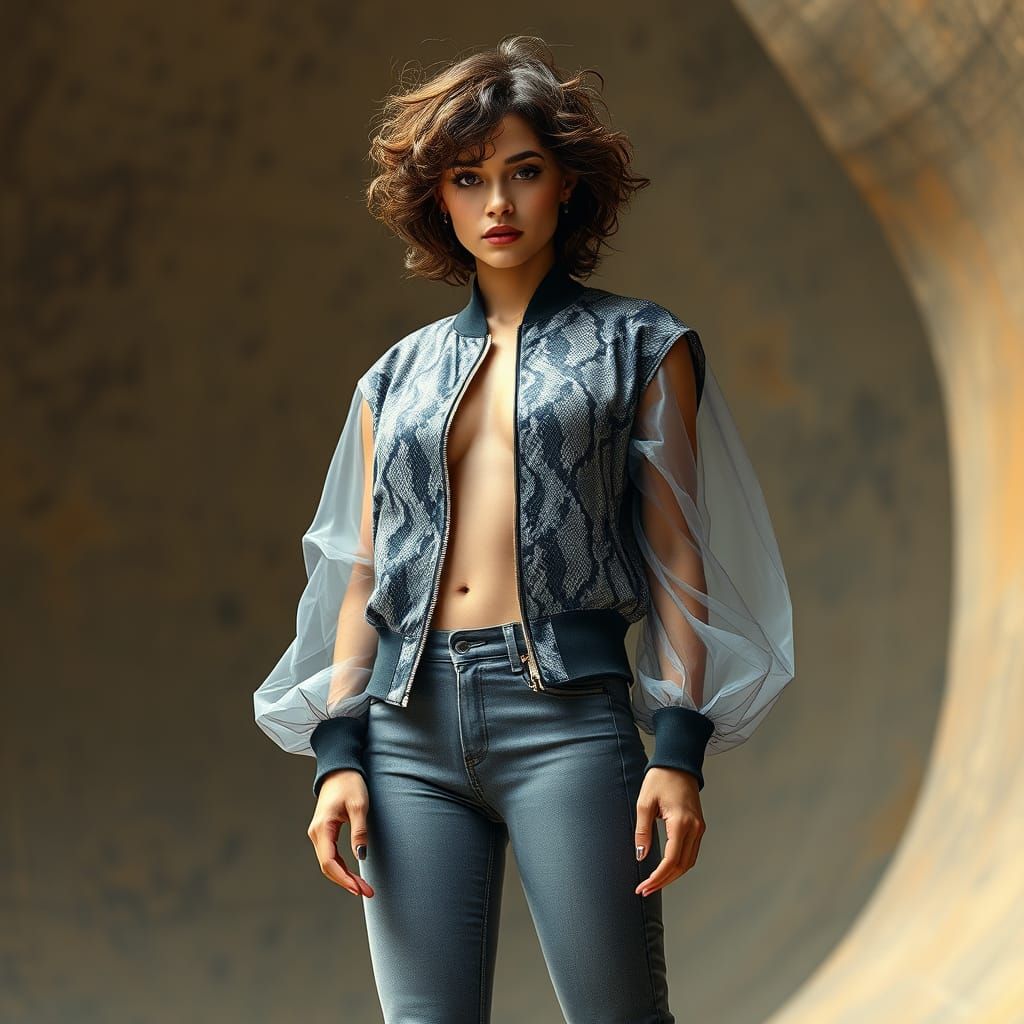 Confident Model in Snake Print and Sheer, Neo-Impressionist ...