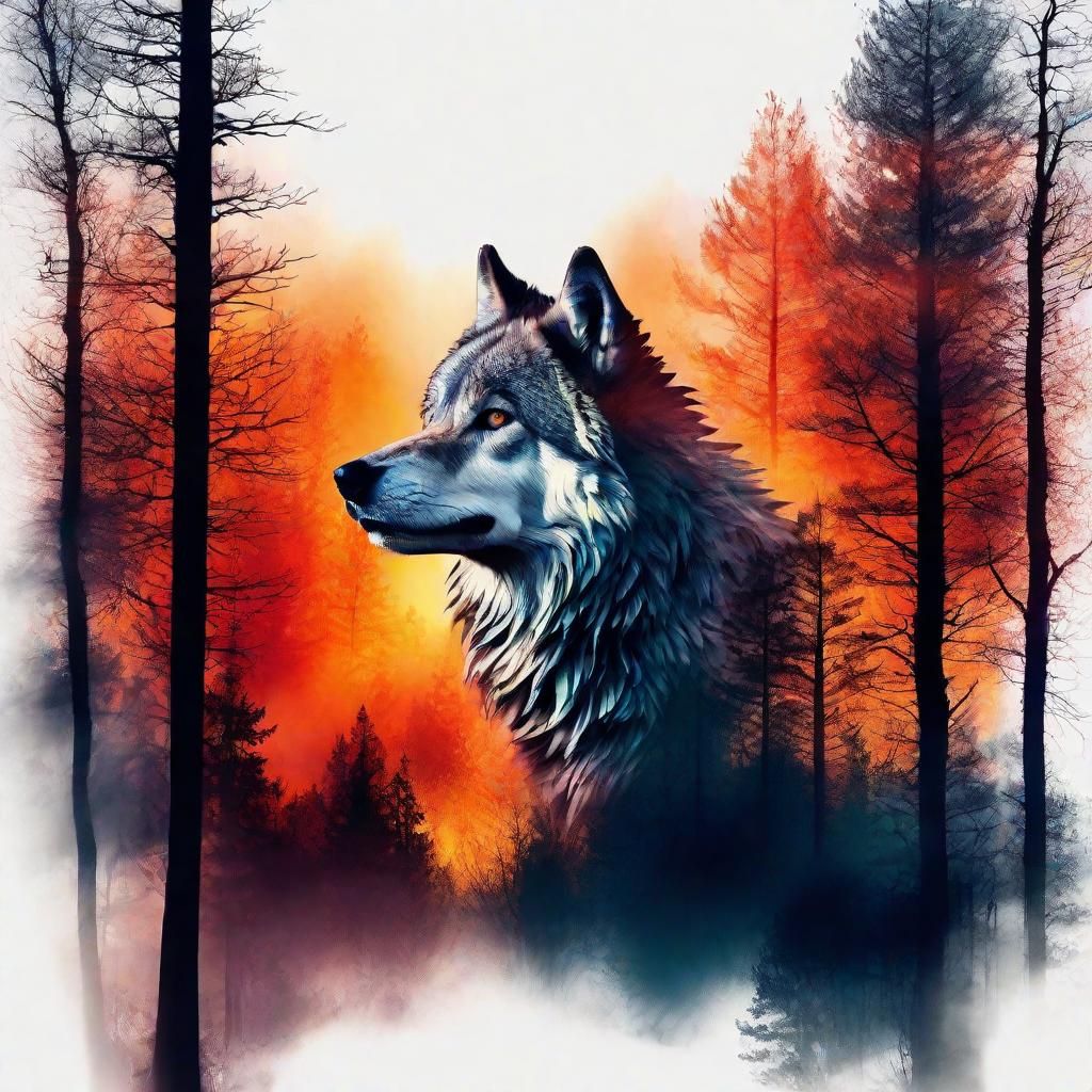 Fiery Wolf Silhouette in Double Exposure Art