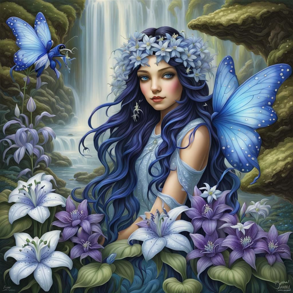 Airbrushed Fairy with Toad Lilies by Waterfall