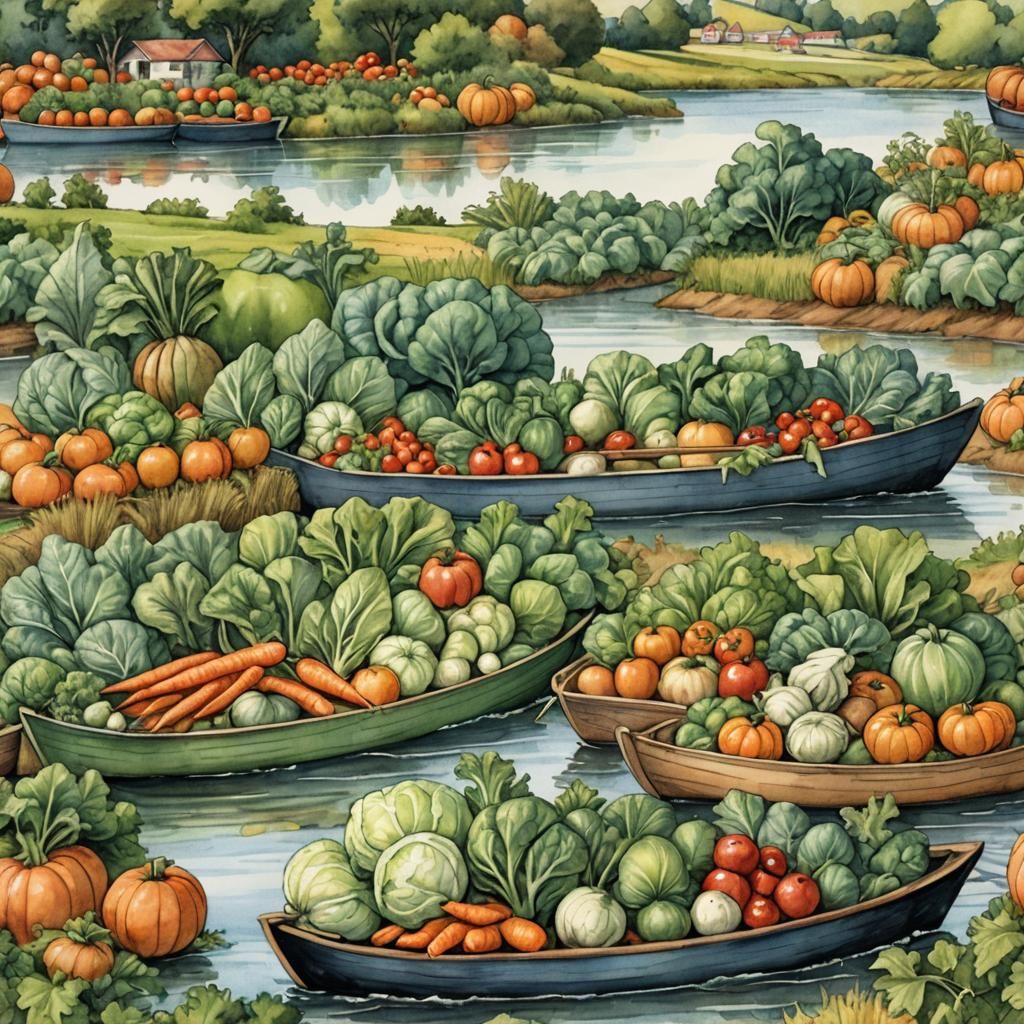 Parade of Vegetables. Various vegetables float down the cana...